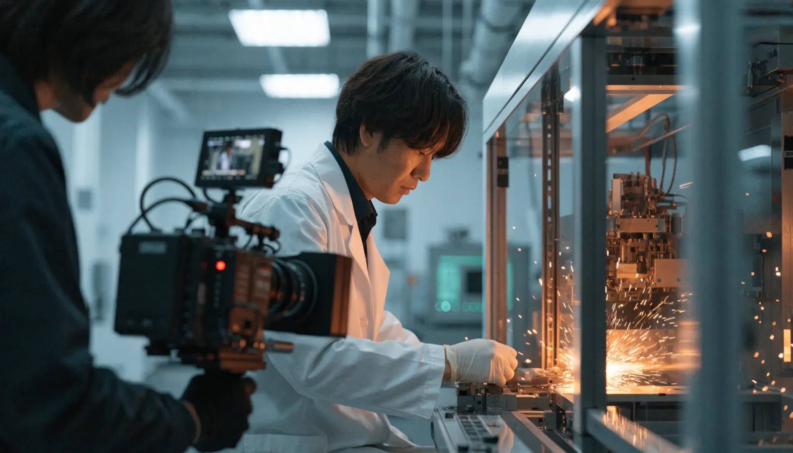 東京の工場で製造ラインを撮影する様子
